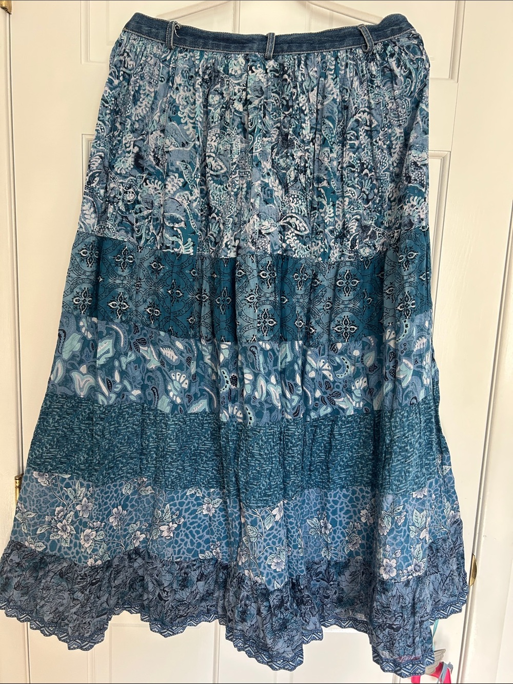 Vintage St. John's Bay Blue Patchwork Boho Maxi Skirt - Picture 3 of 6